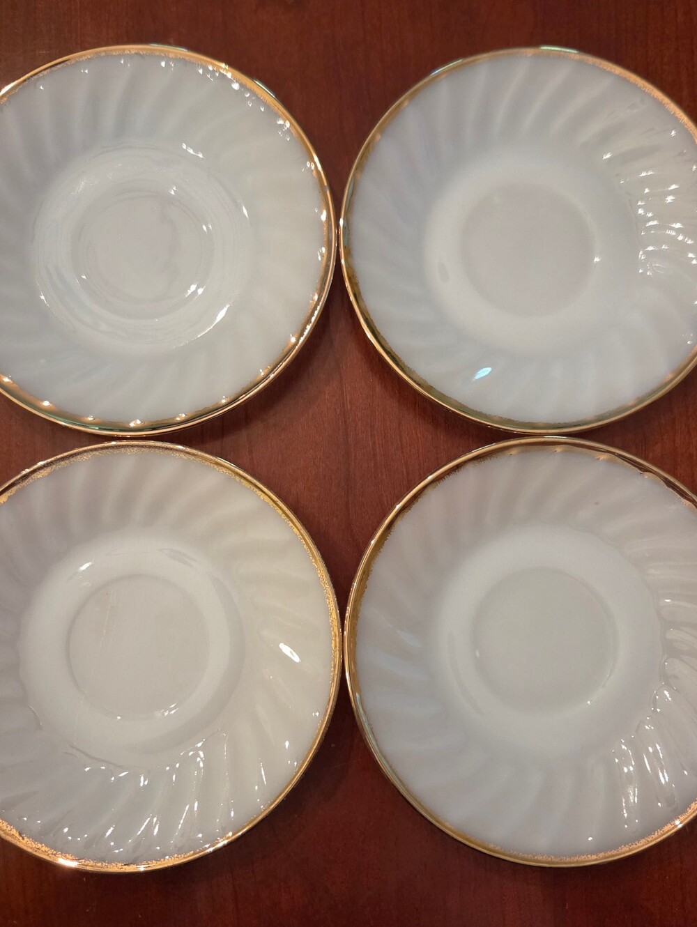Set of 4 Vtg Anchor Hocking Fire-King Swirl Milk Glass Saucers 22k Gold Trim MCM